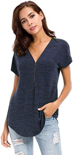 LUSMAY Womens Loose Fitting Zip Up Deep V Neck Short Sleeve Tops Tunic Casual T Shirts Blouse