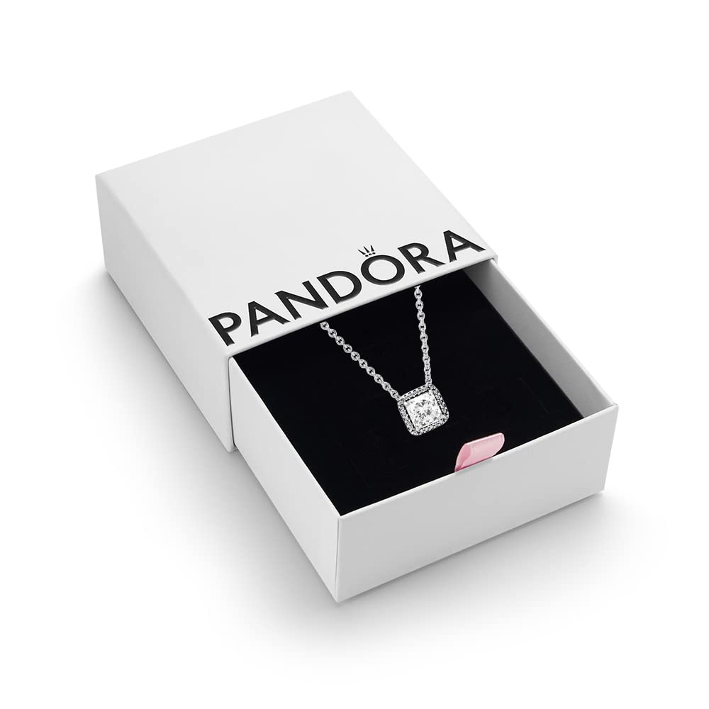 PANDORA Timeless Women's Sterling Silver Square Sparkle Halo Cubic Zirconia Pendant Necklace, 45cm, With Gift Box