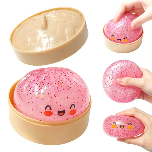 Glitter Squishy Dumpling, Glitter Squishy Dumpling Box, Adult Dumplings Squishy, Anxiety Relief, Adult Soft Squeeze Decompression Dough(Transparent Pink)