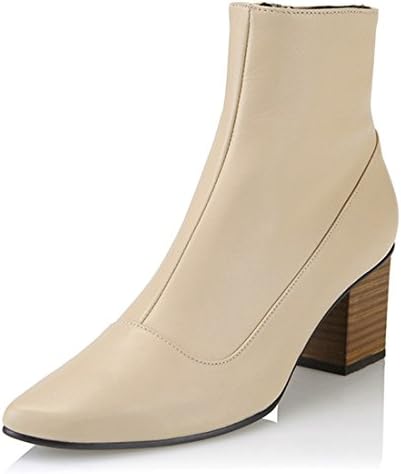 Yuul Yie Cow Leather Square Toe Stacked Middle High Heel Ankle Boots Booties For Women 7 Beige