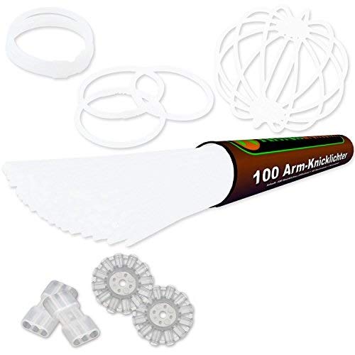 100 Glow Sticks COLD WHITE, Test Score: 1,4 'VERY GOOD', Complete Set incl. 100x TopFlex-, 2x Triple- und 2x Ball- Connectors