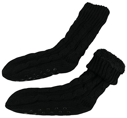 N'Ice Caps Women's Lined Cable Knit Home Sock with Non-Skid Gripper Soles (Women's Sock Size 9-11, Black)