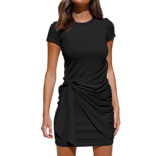 Nixiang Women Casual Solid Color O Neck Short Sleeve Bodycon Mini