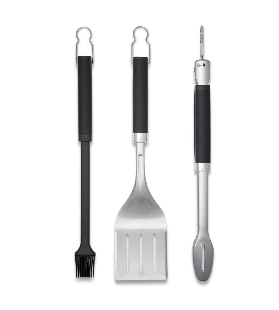 Weber Premium Grill Tool Set, 3-piece made of stainless steel, consisting of grill tongs, turner, and brush, with practical handles, dishwasher safe - Silver (6764)