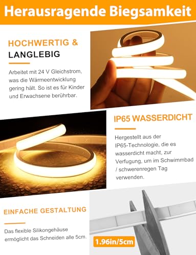 OYKYOHEI COB LED Strip, Warm White, Dimmable, 3 m LED Strip with Remote Control, 3000 K, Self-Adhesive, Waterproof Neon LED Strip, 10 mm Wide, Silicone Flexible Light Strip for TV, Bedroom, CRI90+