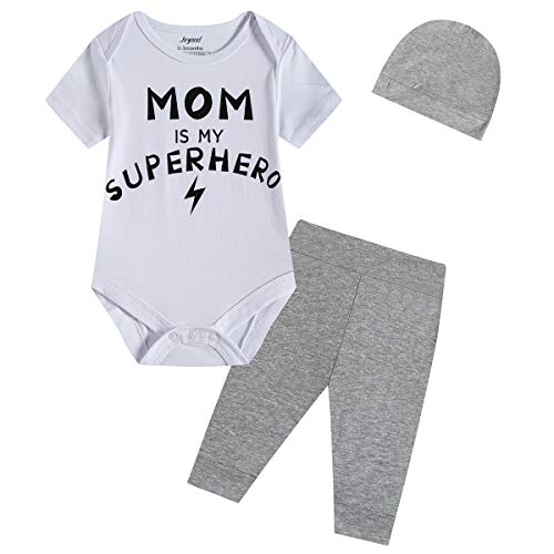 Newborn Baby Boys Girls Clothes Mom is Hero Dad in Charge Letter Print Romper Long Pants wiht Hat 6PCS Outfits Set (Mom Dad,0-3Months)