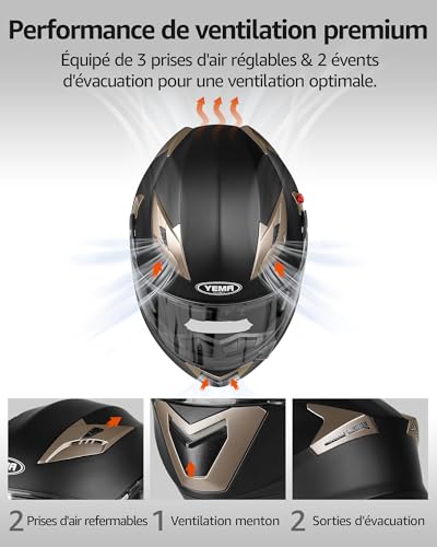 Modular Motorcycle Helmet ECE Approved – YEMA 1650926M Motorcycle Helmet Integral Scooter for Women Men Adults with Double Visors-Matte Black-S