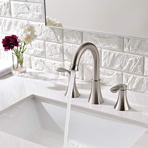 Friho Lead-Free Commercial Two Handle Three-Hole Brushed Nickel Widespread Bathroom Faucet,Bathroom Vanity Sink Faucets with Drain Stopper and Water Hoses - Thumbnail 4