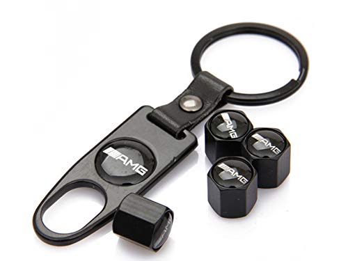 Deselen Copper Tire Valve Stem Caps with Keychain Styling for Mercedes Benz AMG, Black - LP-BS17VS