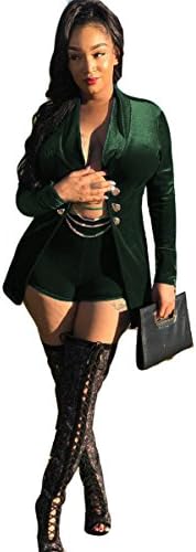 Women's 2 Pcs Velvet Button Metal Chain Jackets Bodycon Shorts Party Sexy Nightclub Blazer Tracksuit Set