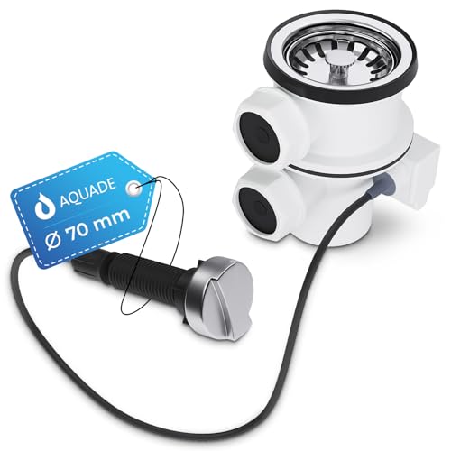 AQUADE Sink Drain Fitting with Strainer Basket 70 mm 1 1/2 Inch with Rotary Extractor via Bowden Cable Two Side 25 mm Outlets for Overflow Washing/Washing Machine