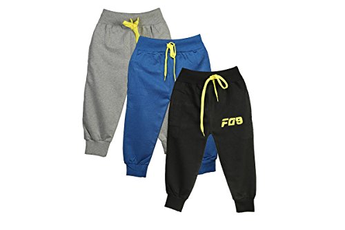 Boys Girls Pants Toddlers Cotton Track Pant Joggers-Pack Of 3 (2-3 years, Black Yellow, Royal Blue Yellow, Grey Yellow)