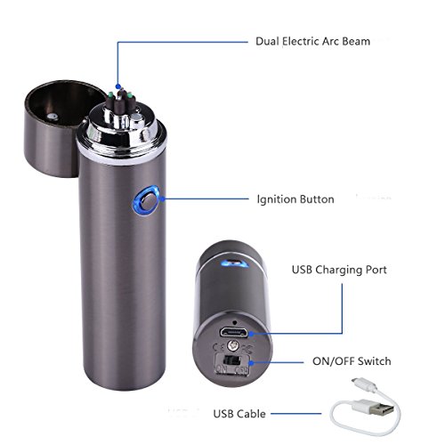 Electric Lighter USB Rechargeable, Acetek Electronic Double Arc Beam Cigarette Plasma Lighter Flameless Windproof No Gas, Metal Body, Gift Box (Grey))