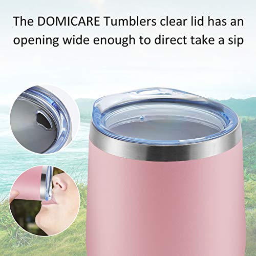 DOMICARE Insulated Wine Tumbler with Lid (2 Pack, Pink) - 12 OZ Stemless Double Wall Vacuum Traval Mug - Keeping Cold & Hot for Wine, Coffee, Cocktails, Drinks