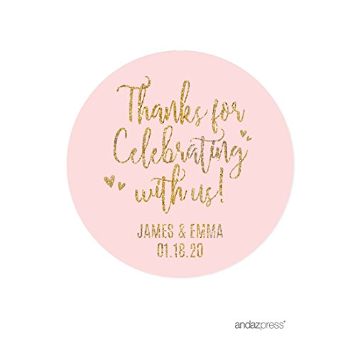 Andaz Press Blush Pink Gold Glitter Print Wedding Collection, Personalized Round Circle Label Stickers, Thank You for Celebrating With Us, 40-Pack, Custom Name