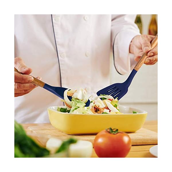 Miusco Non-Stick Cooking Utensils, Silicone Kitchen Utensils Set with Natural Acacia Hard Wood Handle, 5 Piece, Midnight…