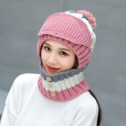 Fleece Lined Women Knit Beanie Scarf Mouth Mask Set for Girl Winter Ski Hat with Pom Pom Thicken Ski Earmuffs Cap - Thumbnail 4