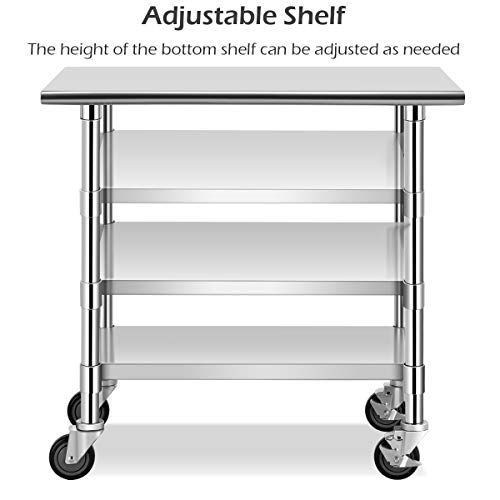 GIANTEX Edelstahl Arbeitstisch Edelstahltisch mit Rollen, Küchentisch mit höhenverstellbarer Ablage, 2 Ebenen, 91,5 x 61 x 88,5 cm, Küche Lebensmittel Zubereitungstisch, für Küche Bar – Bild 4