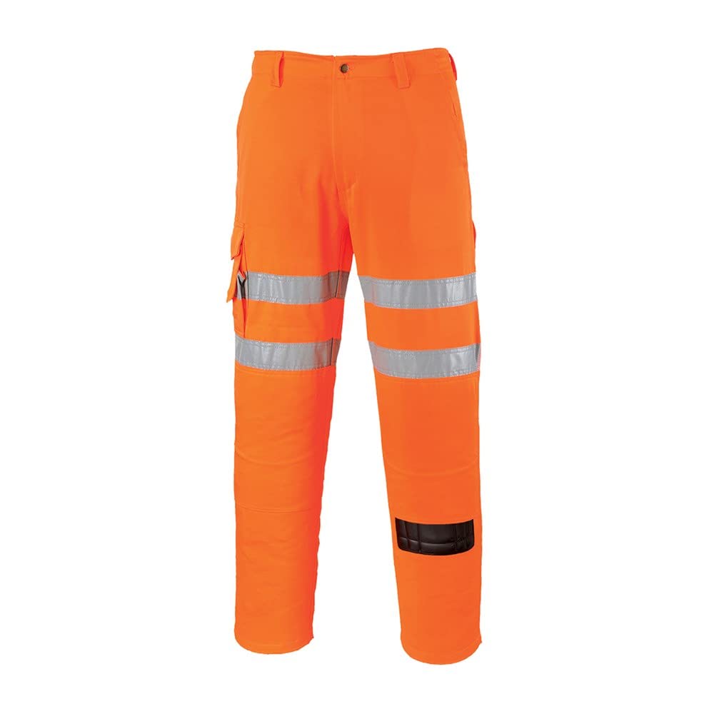Portwest RT46 Hi Vis Rail Work Trousers Poly Cotton Water Resistant Texpel Multi Pocket Knee Pad Compatible Reflective Safety Pants Orange EN ISO 20471 RIS 3279-TOM, Regular, Medium