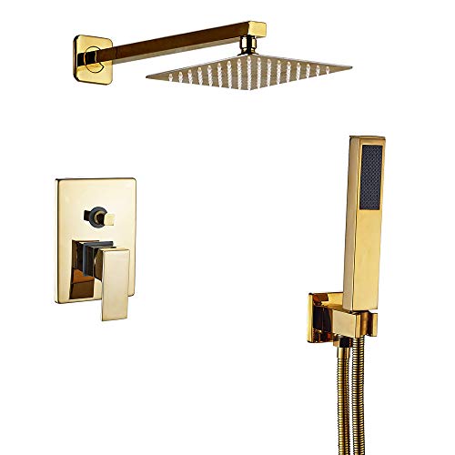 Rozin Wall Mount Bathroom 8 Inch Rainfall Shower Head with Handheld Spray 2-way Mixer Shower Set Gold Plating