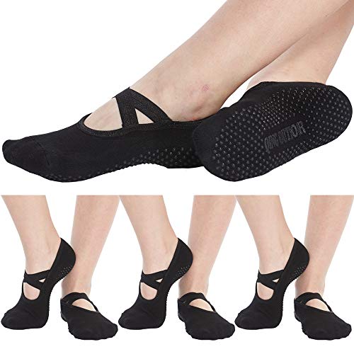 Women's No Show Low Cut Hospital Slipper Socks Great for Barre Pilates Yoga with Non Skid Grips Pack of 3, Black, One Size