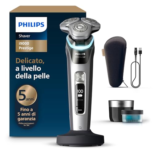 Philips Shaver i9000 Prestige, rasoio elettrico Wet & Dry, con tecnologia Skin IQ, triplo sistema di sollevamento e taglio, doppie lame rotanti in acciaio di precisione a 360°, modello XP9205/30