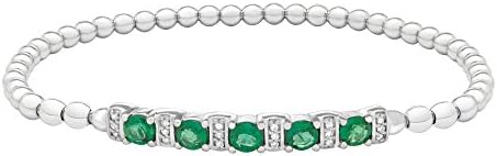 Sterling Silver &amp; 1.15 CT Created Emerald And 0.11 CT Created White Sapphire Bead Bracelet 7"