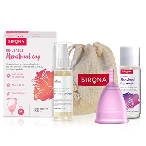 Sirona Reusable Menstrual Cup – Medium Size With Pouch, 15ml Mini Intimate Wash & Cup Wash, Ultra Soft, Odour & Rash Free, No Leakage, Protection For Upto 10-12 Hours, FDA Approved Sirona Reusable Menstrual Cup – Medium Size With Pouch, 15ml Mini Intimate Wash & Cup Wash, Ultra Soft, Odour & Rash Free, No Leakage, Protection For Upto 10-12 Hours, FDA Approved