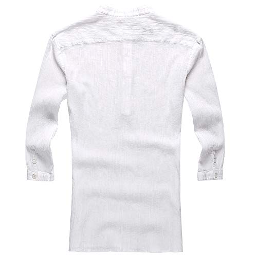 SFE Men's T-Shirt, Men's Tops, V Neck Button Cotton Linen 3/4 Sleeve Retro Baggy T Shirts Blouse White