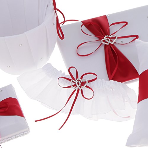 SunniMix Pieces of 5 Wedding Set Guest Book and Pen Stand Flower Girl Basket Ring Cushion Ring Holder Ring Bearer Garter Keepsake Memorial - Red, as described