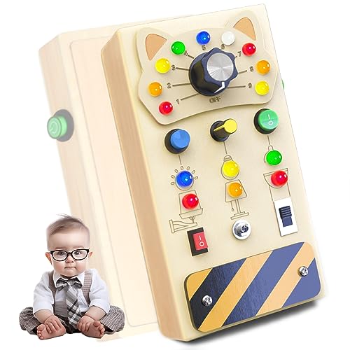 POLKRANE Toddler Montessori Travel Toys Wooden Busy Board with LED