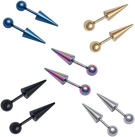 Cuicanstar Cone Stainless Steel Mens Womens 5Pairs Stud Earrings Set Ear Piercing Plugs Tunnel Punk Style (Color-YZ)