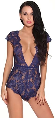Women's Lingerie Hot Sale New Fashion Sexy Lace Teddy Features Plunging Eyelash and Snaps Crotch by Neartime (L, Blue)