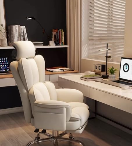 Ergonomic Office Chair with Footrest Executive Desk Chair Big and Tall Gaming Chair PU Leather Computer Chair with Swivel Wheels for Home Office Bedroom Study (White)