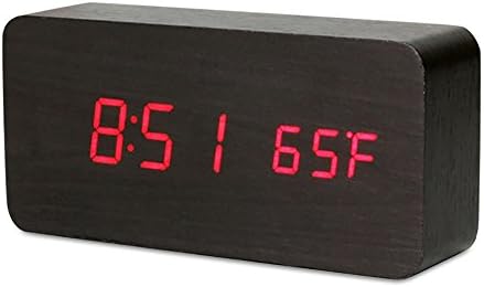 LED Wooden Alarm Clock Time Temperature Week Calendar Display for Home Office (red)