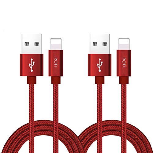 RoFI Phone Charger Cable, [2Pack 2 Feet] Nylon Braided Fast Charging USB Cord 0.6M Compatible Phone X 8 8 Plus 7 7 Plus 6s 6s Plus 6 6 Plus 5 5S 5C SE Air Mini and Car Display (Red)