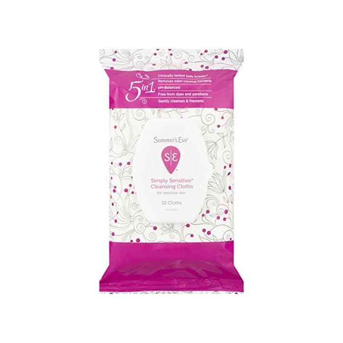 Summer's Eve Simply Sensitive Cleansing Cloths for Sensitive Skin - PH-Balanced - Help Wipe Away Odor Causing Bacteria - Doctor Tested - 32 Cloths (Pack of 4)