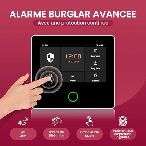 seQrell® Wireless Home Alarm System WiFi and GSM 4G without Subscription, Anti-Intrusion Alarm Kit with Touch Screen and 1500mAh Battery, Tuya Smart Life App, Alexa, SQ4324C
