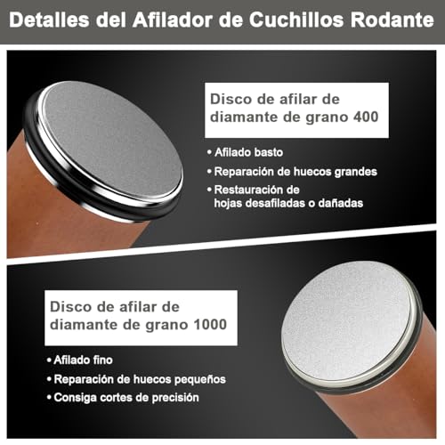 Afilador de Cuchillos Rodante Profesional, Rodillo Afilador de Cocina con Discos de Diamante Industrial 400/1000 Proporciona Ángulo Molienda Magnético 15° 20° para Afila Fácilmente Todo Tipo Cuchillos