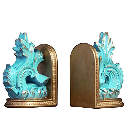 MAGO Abstract Bookends Hand-Carved Traditional Resin Bookends for Shelf Home Office Library Decoration, 1 Pair,Gold/Blue (Color : Blue)