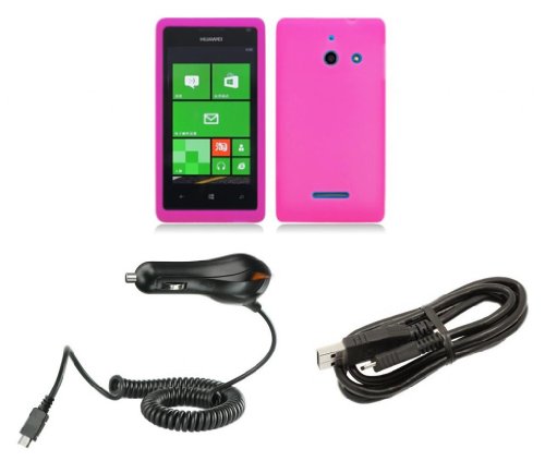 Huawei W1, Ascend W1 H883G (Straight Talk, Tracfone, Net10) Accessory Kit - Hot Pink Silicone Gel Cover + Atom LED Keychain Light + Micro USB Data Cable + Car Charger