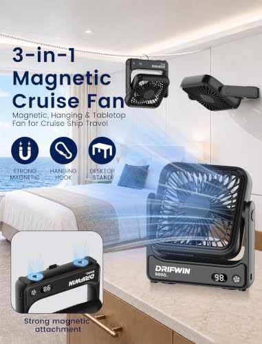 2-Pack Magnetic Cruise Approved Fan, 5000mAh Ultra-Slim Travel Fan Rechargeable, 4-Speed, Hook Design, Portable Fan for Cruise Ship Cabin, Bedroom Sleeping, Camping, Travel & Cruise Essentials 2026