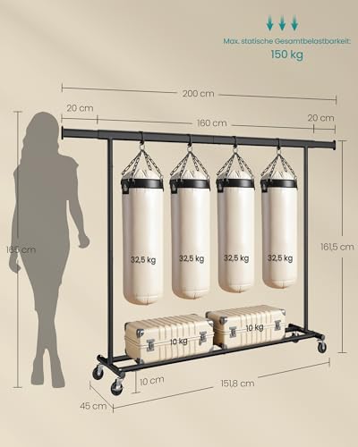 SONGMICS Clothes Rack on Wheels, Heavy Duty Clothes Rack, Extendable Clothes Rail, Maximum Load 150 kg, Easy Assembly, Portable, Black HSR175B01