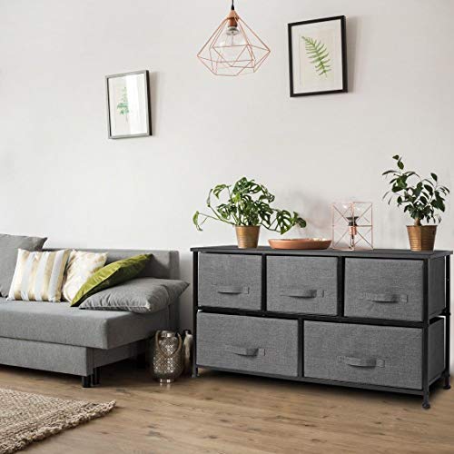 Dresser-Organizer-With-5-Drawers-Fabric-Storage-Chest-for-Bedroom-Hallway-Entryway-Closets-Nurseries-Furniture-Storage-Tower-Sturdy-Steel-Frame-Wood-Top-Easy-Pull-Handle-Textured-Print-Drawers