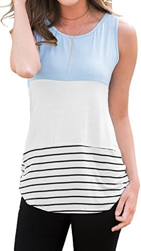 LyiBoo Sleeveless Shirt for Women Tri- Color Striped Lace T-Shirt Tanks Tunics Tops Blue-XL