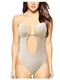 Leright Women's U Plunge Body Suit Backless Thong Bottom Bridal Shapewear, Nude, 36