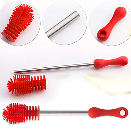 Silicone Bottle Brush,Food-Grade Long Handle Feeding Bottle Brush Baby Bottles Brush Scratch-Free 360° Rotating Cleaning Brush for Feeding Bottle Water Bottle Thermoses Cup Food Jar(Red)