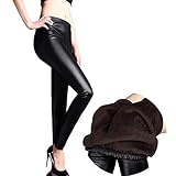 Weigou Women Leggings Winter Warm Thick velvet Faux leather Leggings Slim Trousers (L, Black)