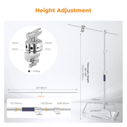 K&F CONCEPT Heavy Duty C Stand 10.8ft/330cm with Holding Arm Carry Bag Sandbag, 2*Grip 1* Sandbag Head Stainless Steel Photography Light Stand C-Stand Sturdy for Studio Monolight, Softbox, Reflector