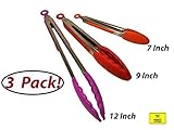 Silicone Kitchen Tongs 3 Pack - 7, 9, 12 Inch, Heavy Duty, Non-Stick | With Silicone Tips | Tongs For Cooking | Dishwasher Safe | Stainless Steel | Heat Resistant (Up To 480F) & BPA Free | BBQ Turners